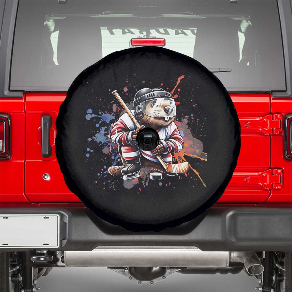 Funny Beaver Playing Ice Hockey Spare Tire Cover Winter Sports Gift TS12 Black Print Your Wear