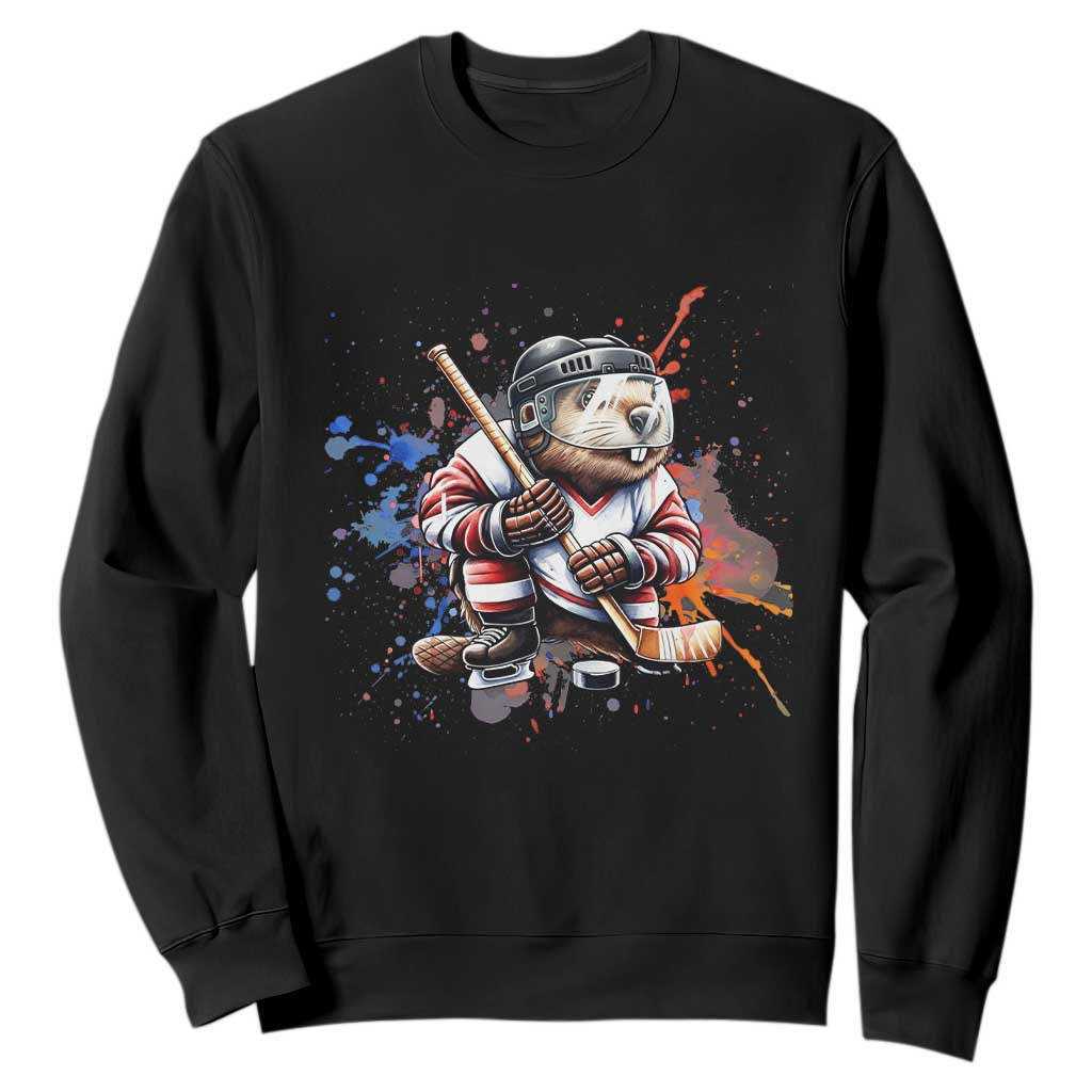 Funny Beaver Playing Ice Hockey Sweatshirt Winter Sports Gift TS12 Black Print Your Wear