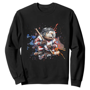 Funny Beaver Playing Ice Hockey Sweatshirt Winter Sports Gift TS12 Black Print Your Wear