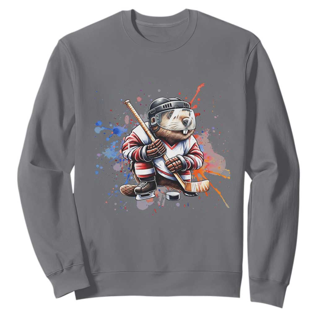 Funny Beaver Playing Ice Hockey Sweatshirt Winter Sports Gift TS12 Charcoal Print Your Wear