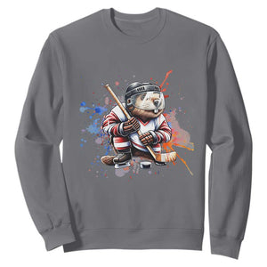 Funny Beaver Playing Ice Hockey Sweatshirt Winter Sports Gift TS12 Charcoal Print Your Wear