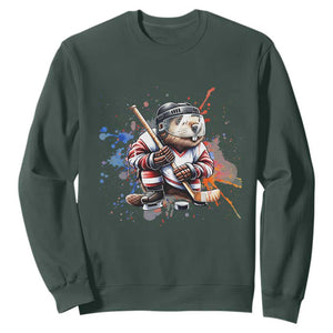 Funny Beaver Playing Ice Hockey Sweatshirt Winter Sports Gift TS12 Dark Forest Green Print Your Wear