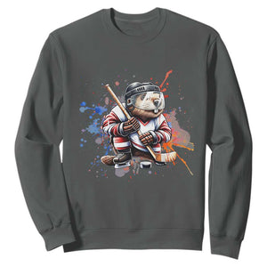 Funny Beaver Playing Ice Hockey Sweatshirt Winter Sports Gift TS12 Dark Heather Print Your Wear