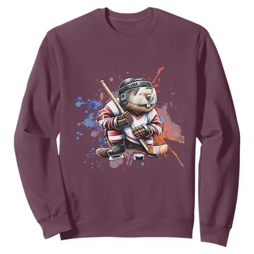 Funny Beaver Playing Ice Hockey Sweatshirt Winter Sports Gift TS12 Maroon Print Your Wear