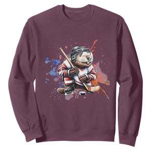 Funny Beaver Playing Ice Hockey Sweatshirt Winter Sports Gift TS12 Maroon Print Your Wear