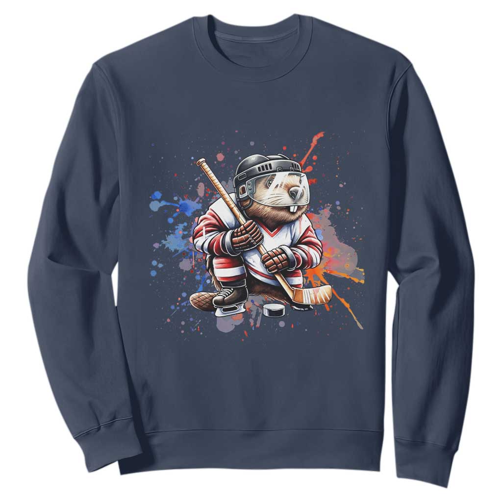 Funny Beaver Playing Ice Hockey Sweatshirt Winter Sports Gift TS12 Navy Print Your Wear