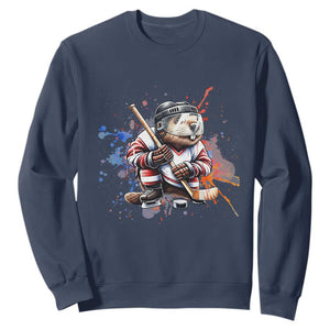 Funny Beaver Playing Ice Hockey Sweatshirt Winter Sports Gift TS12 Navy Print Your Wear