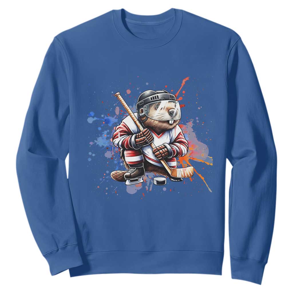 Funny Beaver Playing Ice Hockey Sweatshirt Winter Sports Gift TS12 Royal Blue Print Your Wear