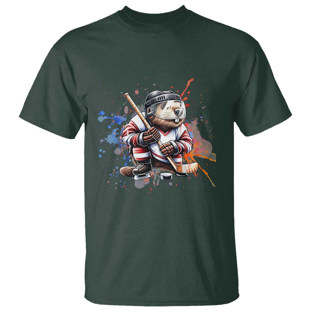 Funny Beaver Playing Ice Hockey T Shirt Winter Sports Gift TS12 Dark Forest Green Print Your Wear
