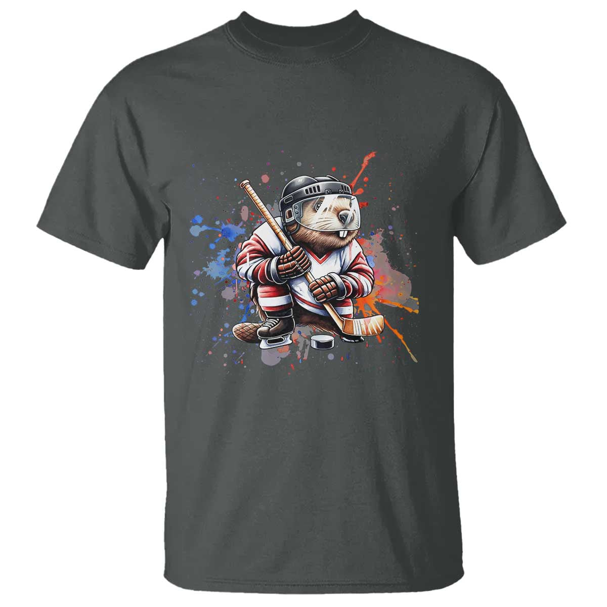 Funny Beaver Playing Ice Hockey T Shirt Winter Sports Gift TS12 Dark Heather Print Your Wear