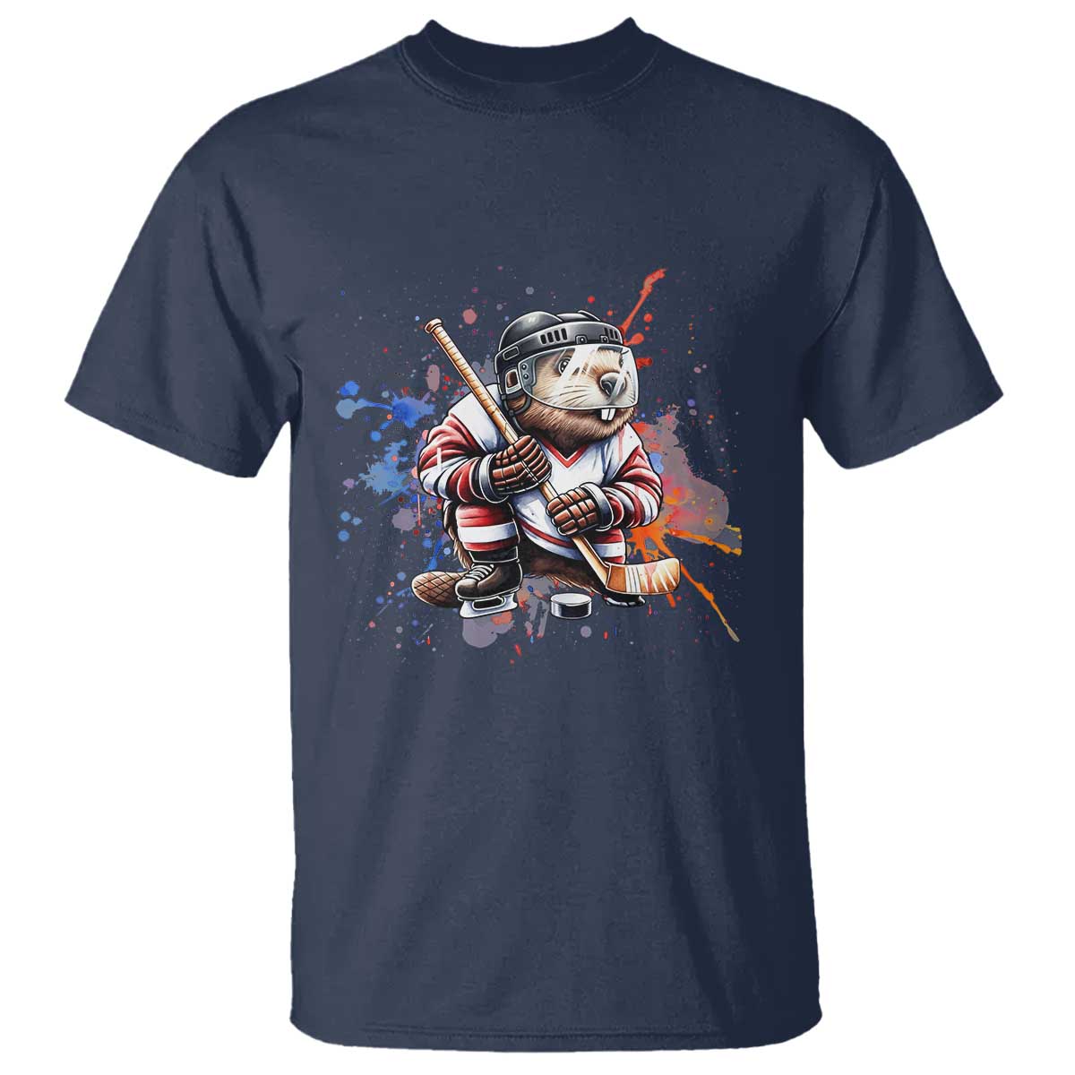 Funny Beaver Playing Ice Hockey T Shirt Winter Sports Gift TS12 Navy Print Your Wear