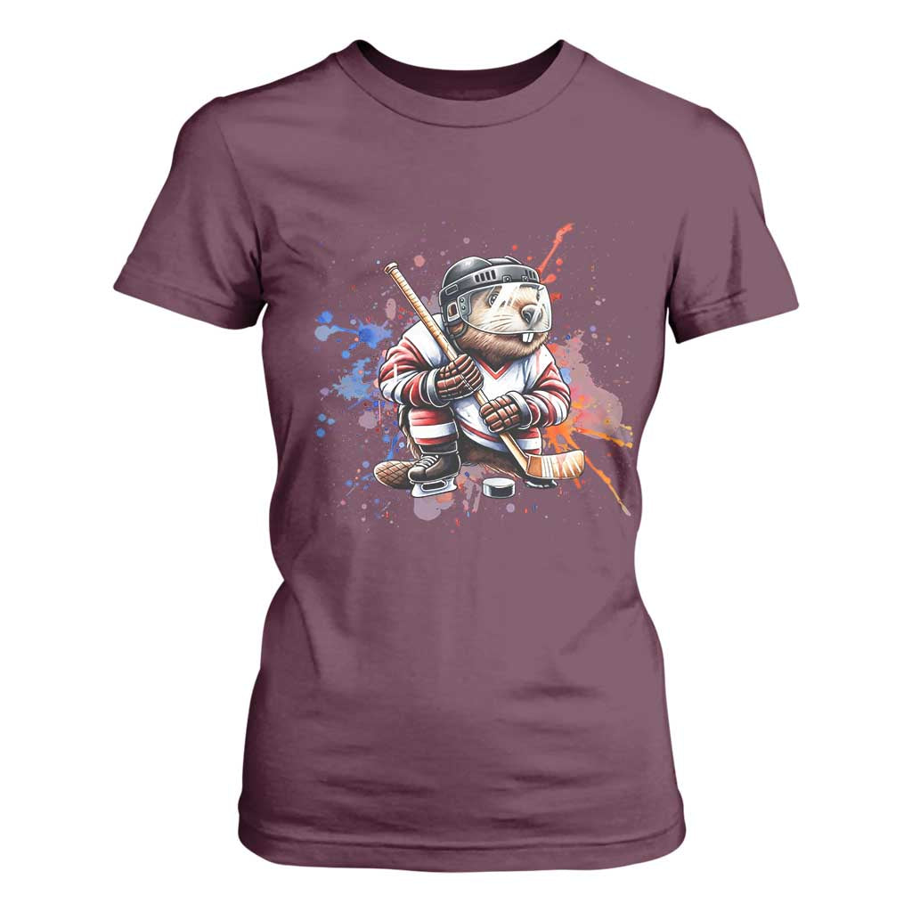 Funny Beaver Playing Ice Hockey T Shirt For Women Winter Sports Gift TS12 Maroon Print Your Wear
