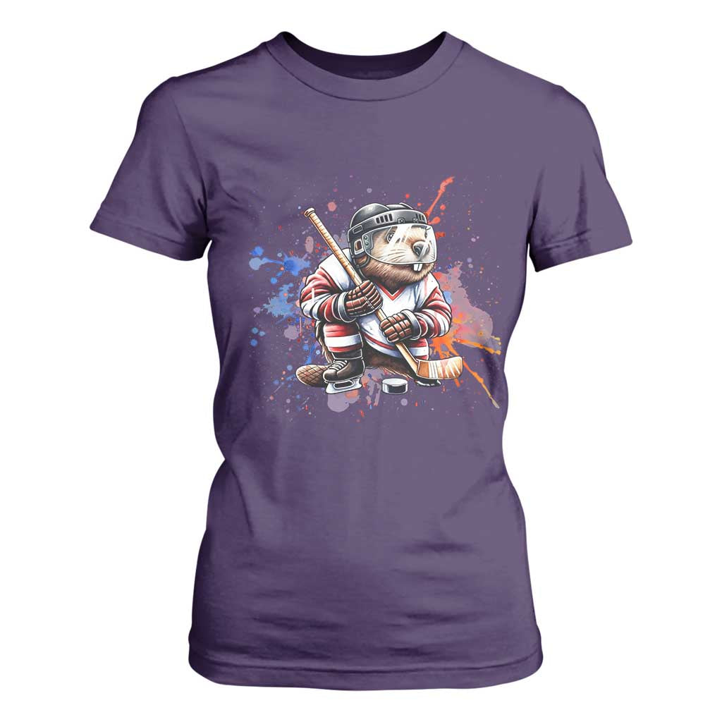 Funny Beaver Playing Ice Hockey T Shirt For Women Winter Sports Gift TS12 Purple Print Your Wear