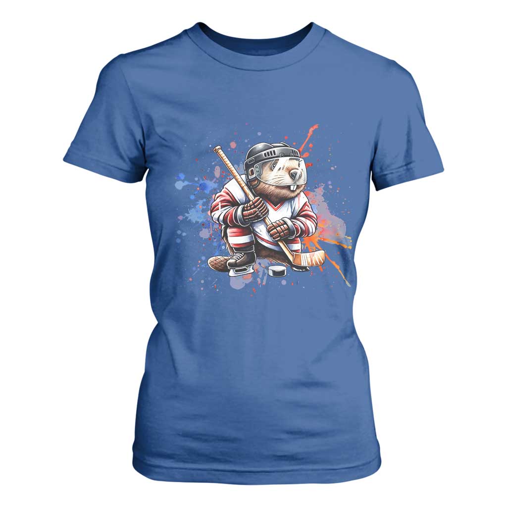 Funny Beaver Playing Ice Hockey T Shirt For Women Winter Sports Gift TS12 Royal Blue Print Your Wear