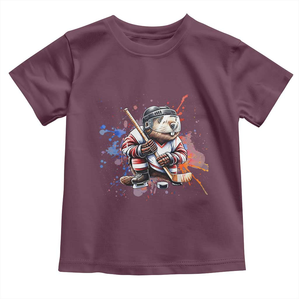 Funny Beaver Playing Ice Hockey Toddler T Shirt Winter Sports Gift TS12 Maroon Print Your Wear