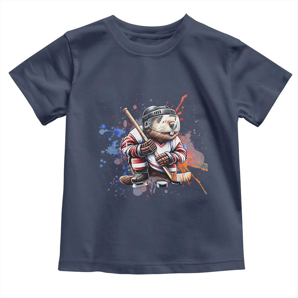 Funny Beaver Playing Ice Hockey Toddler T Shirt Winter Sports Gift TS12 Navy Print Your Wear