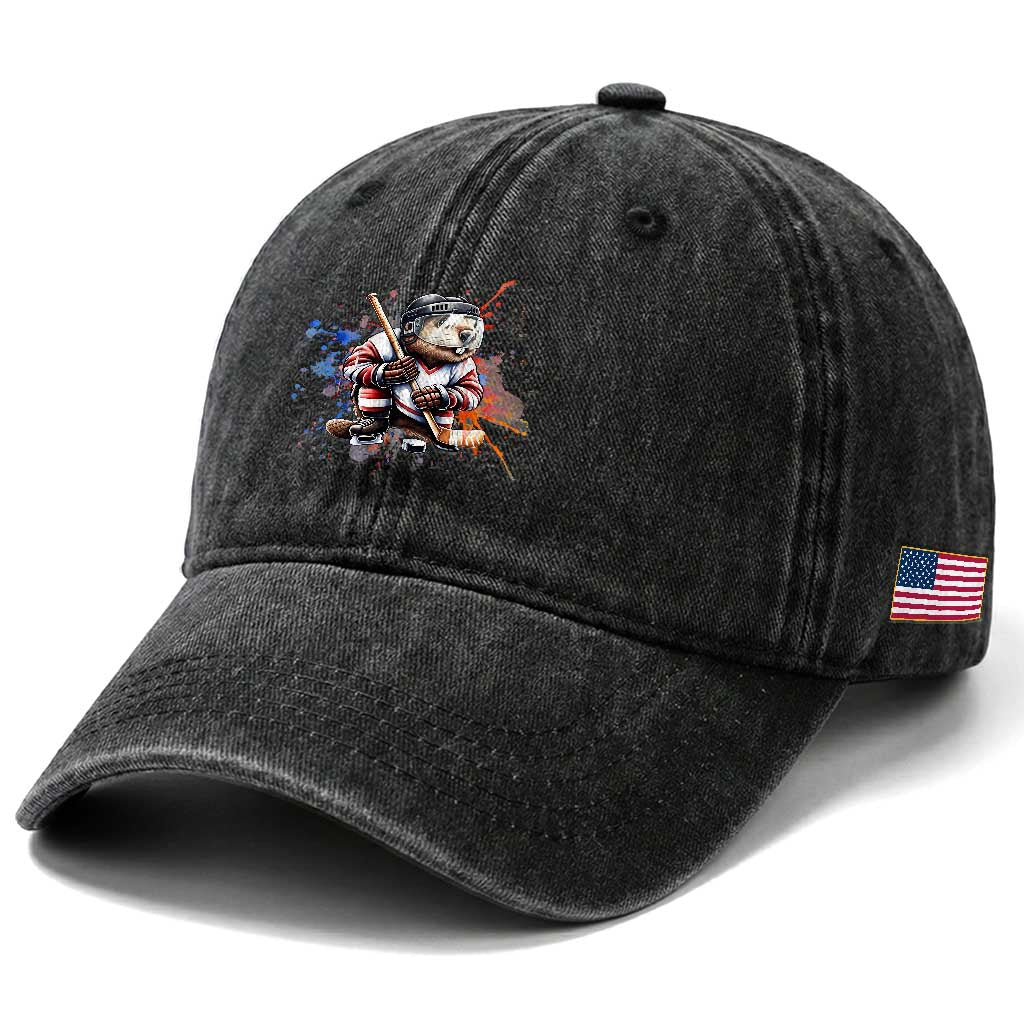 Funny Beaver Playing Ice Hockey Washed Cotton Baseball Cap Winter Sports Gift TS12 Print Your Wear