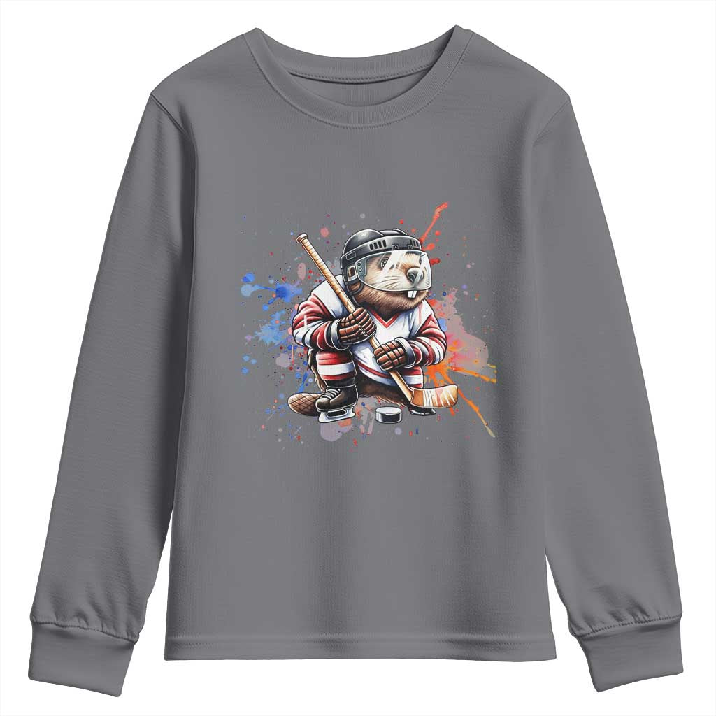 Funny Beaver Playing Ice Hockey Youth Sweatshirt Winter Sports Gift TS12 Charcoal Print Your Wear