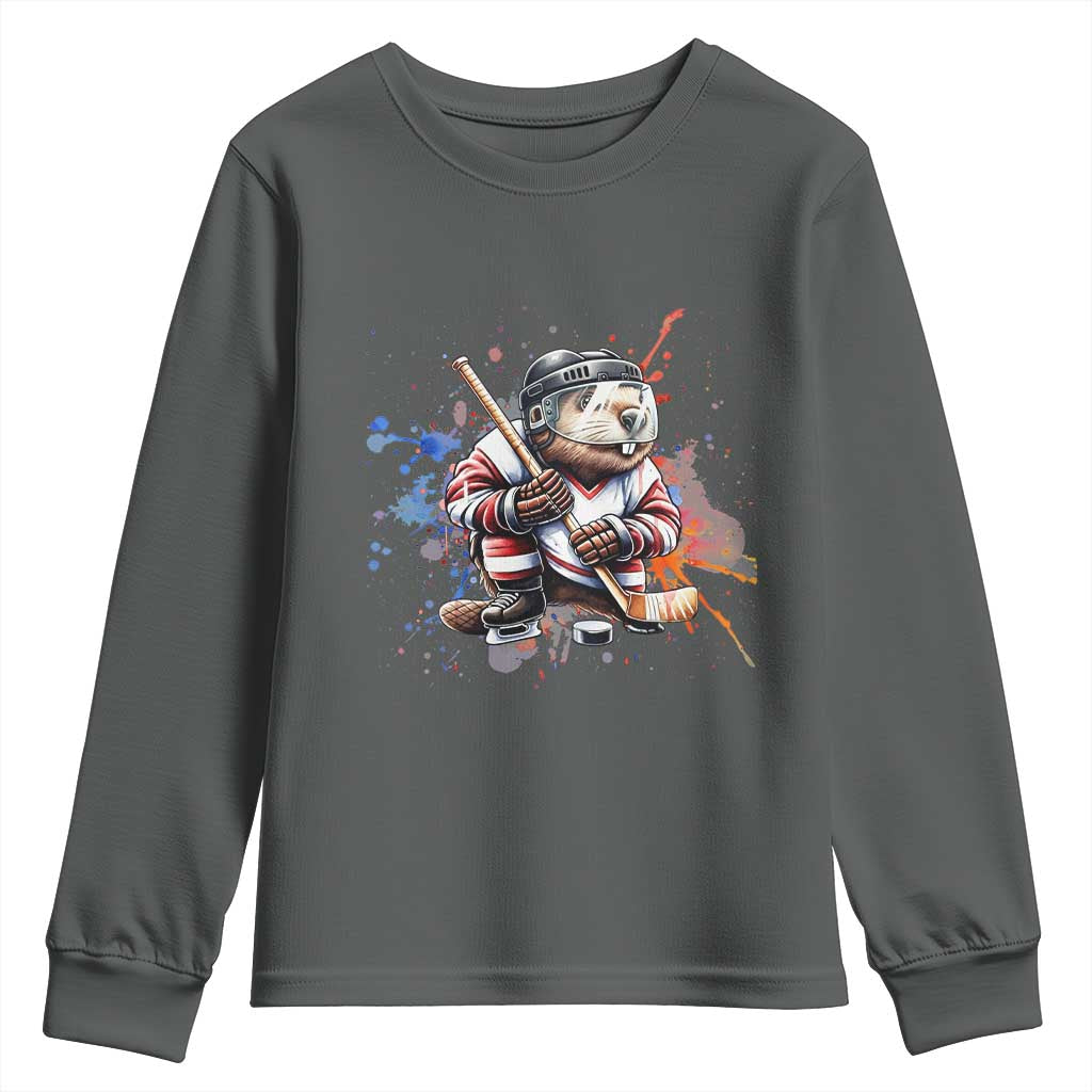 Funny Beaver Playing Ice Hockey Youth Sweatshirt Winter Sports Gift TS12 Dark Heather Print Your Wear