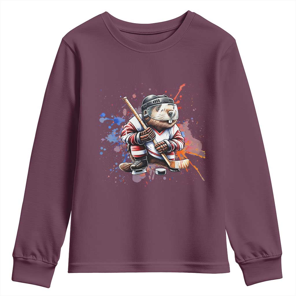 Funny Beaver Playing Ice Hockey Youth Sweatshirt Winter Sports Gift TS12 Maroon Print Your Wear