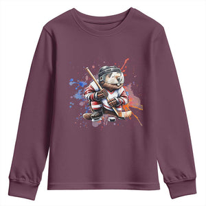 Funny Beaver Playing Ice Hockey Youth Sweatshirt Winter Sports Gift TS12 Maroon Print Your Wear