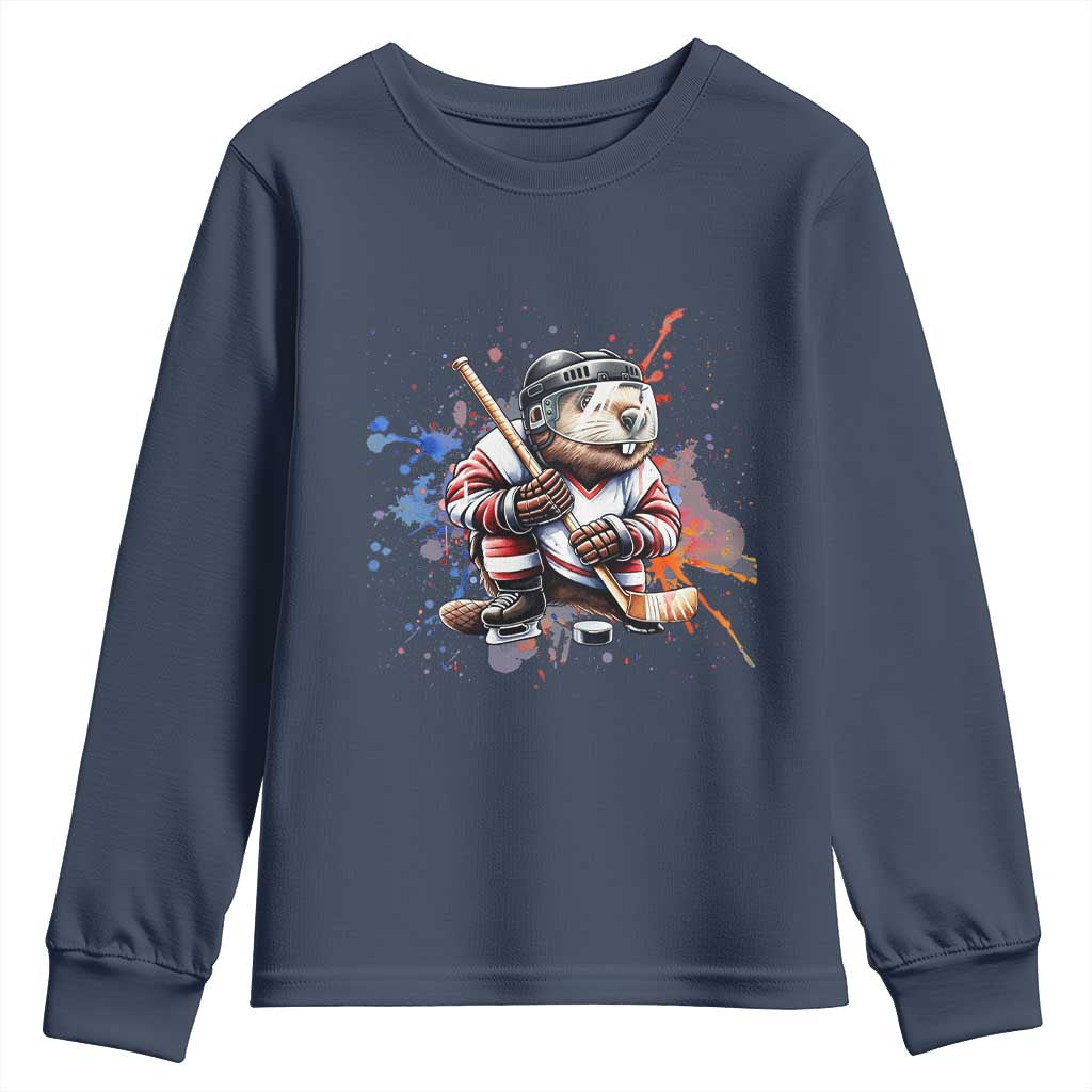 Funny Beaver Playing Ice Hockey Youth Sweatshirt Winter Sports Gift TS12 Navy Print Your Wear