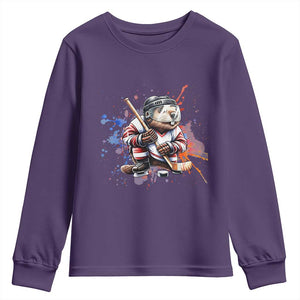 Funny Beaver Playing Ice Hockey Youth Sweatshirt Winter Sports Gift TS12 Purple Print Your Wear