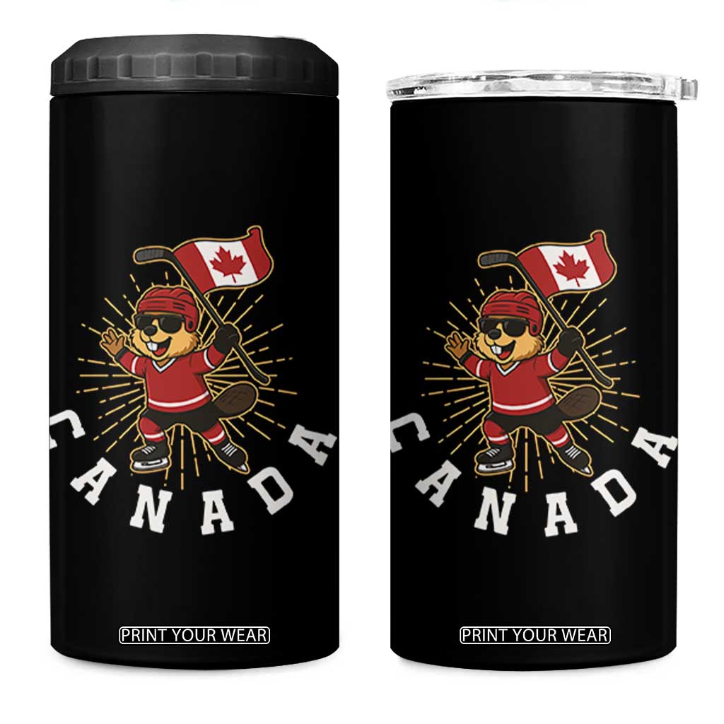 Funny Beaver Playing Ice Hockey With Canada Flag Gift 4 in 1 Can Cooler Tumbler TS12 One Size: 16 oz Black Print Your Wear