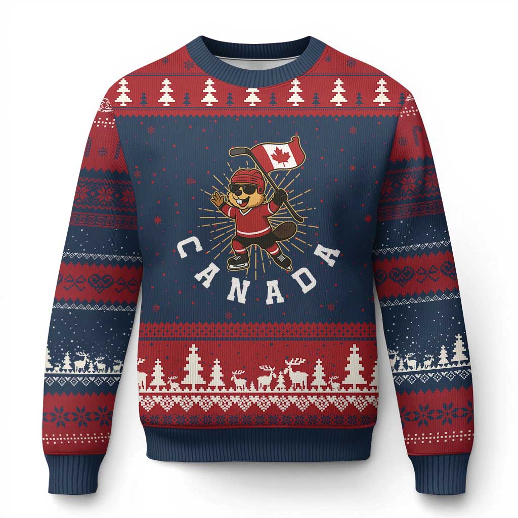 Funny Beaver Playing Ice Hockey With Canada Flag Gift Ugly Christmas Sweater TS12 Navy Red Print Your Wear