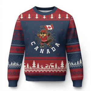 Funny Beaver Playing Ice Hockey With Canada Flag Gift Ugly Christmas Sweater TS12 Navy Red Print Your Wear