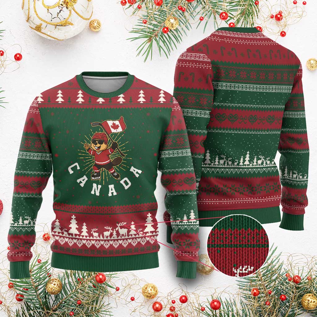 Funny Beaver Playing Ice Hockey With Canada Flag Gift Ugly Christmas Sweater TS12 Red Green Print Your Wear