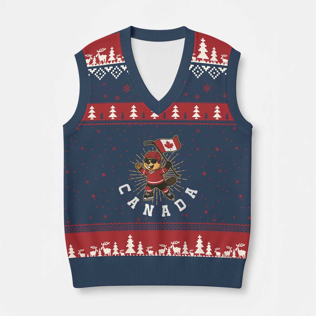 Funny Beaver Playing Ice Hockey With Canada Flag Gift V-Neck Knit Sweater Vest TS12 Navy Red Print Your Wear