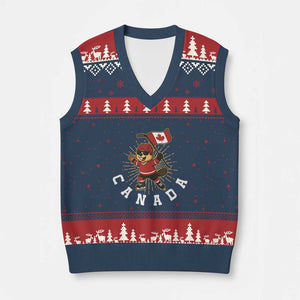 Funny Beaver Playing Ice Hockey With Canada Flag Gift V-Neck Knit Sweater Vest TS12 Navy Red Print Your Wear