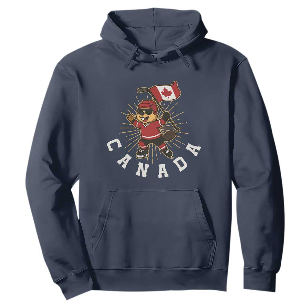 Funny Beaver Playing Ice Hockey With Canada Flag Gift Hoodie TS12 Navy Print Your Wear