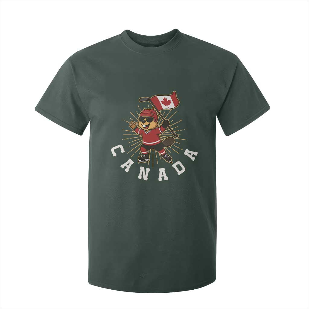 Funny Beaver Playing Ice Hockey With Canada Flag Gift T Shirt For Kid TS12 Dark Forest Green Print Your Wear
