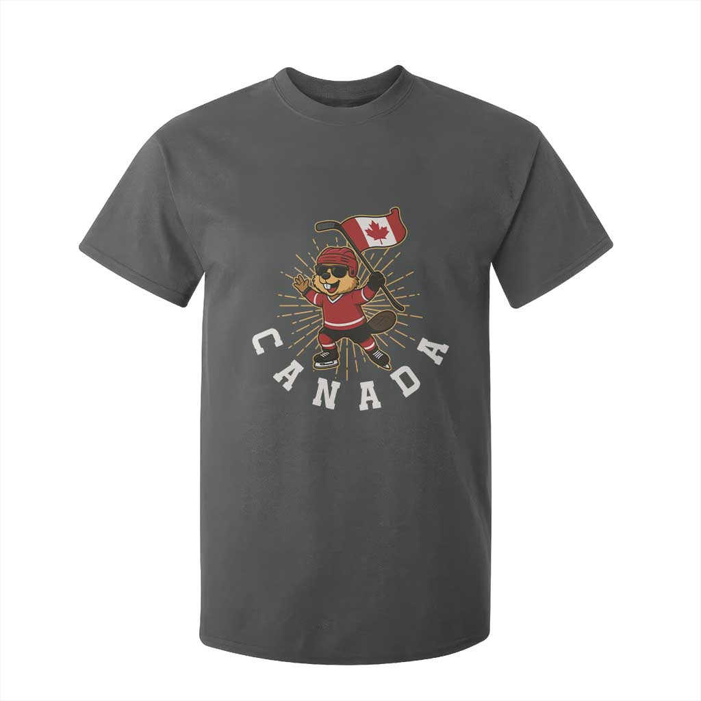 Funny Beaver Playing Ice Hockey With Canada Flag Gift T Shirt For Kid TS12 Dark Heather Print Your Wear