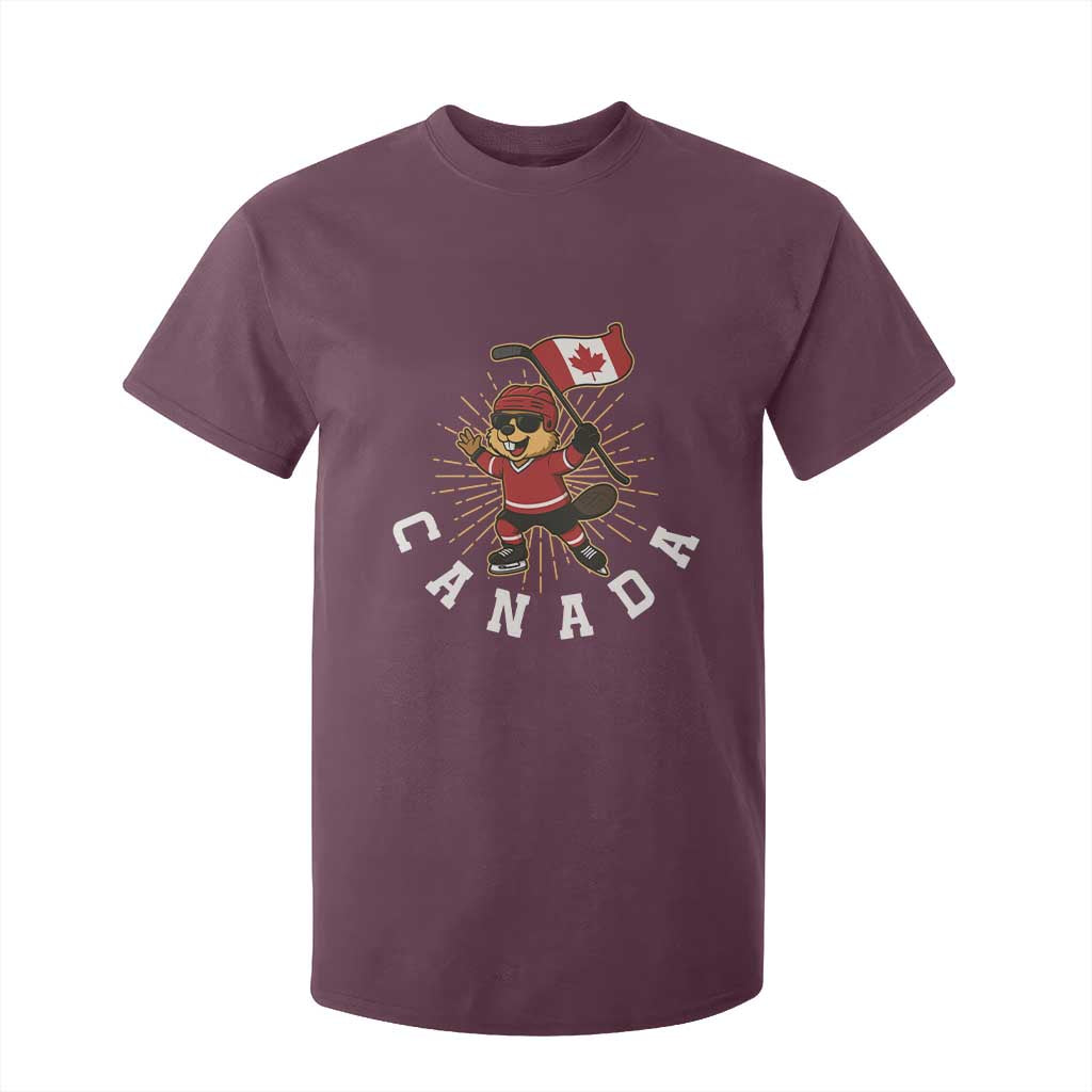 Funny Beaver Playing Ice Hockey With Canada Flag Gift T Shirt For Kid TS12 Maroon Print Your Wear
