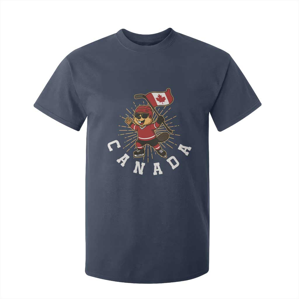 Funny Beaver Playing Ice Hockey With Canada Flag Gift T Shirt For Kid TS12 Navy Print Your Wear