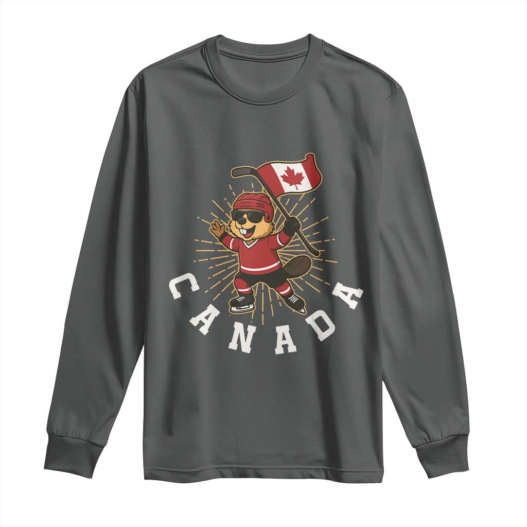 Funny Beaver Playing Ice Hockey With Canada Flag Gift Long Sleeve Shirt TS12 Dark Heather Print Your Wear