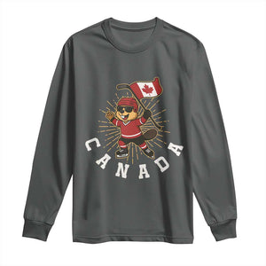 Funny Beaver Playing Ice Hockey With Canada Flag Gift Long Sleeve Shirt TS12 Dark Heather Print Your Wear