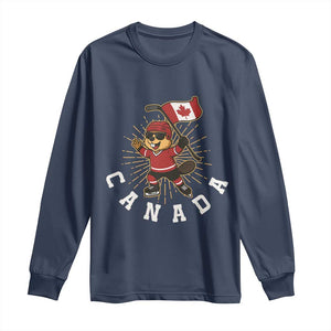 Funny Beaver Playing Ice Hockey With Canada Flag Gift Long Sleeve Shirt TS12 Navy Print Your Wear