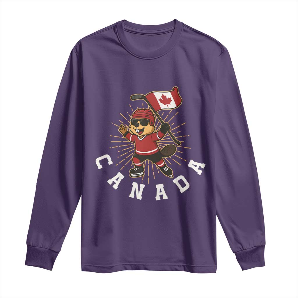 Funny Beaver Playing Ice Hockey With Canada Flag Gift Long Sleeve Shirt TS12 Purple Print Your Wear