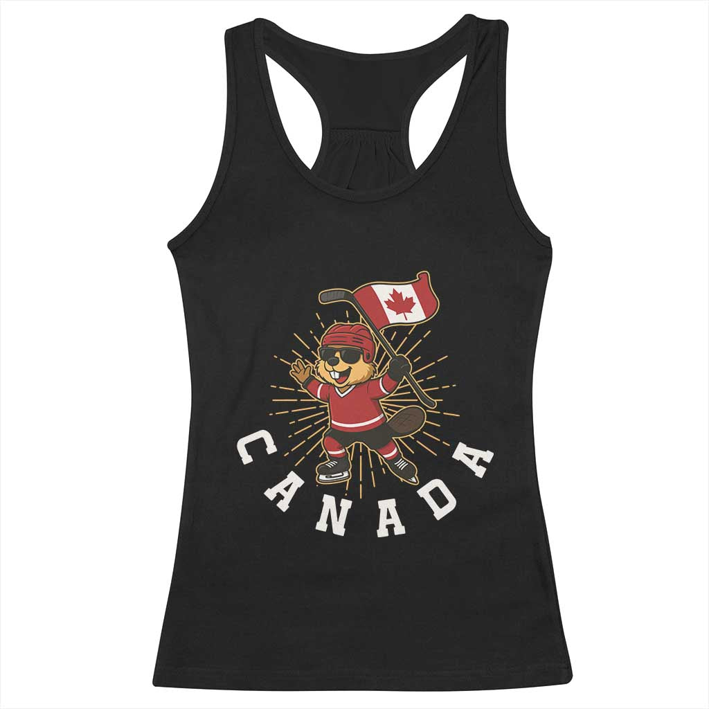 Funny Beaver Playing Ice Hockey With Canada Flag Gift Racerback Tank Top TS12 Black Print Your Wear