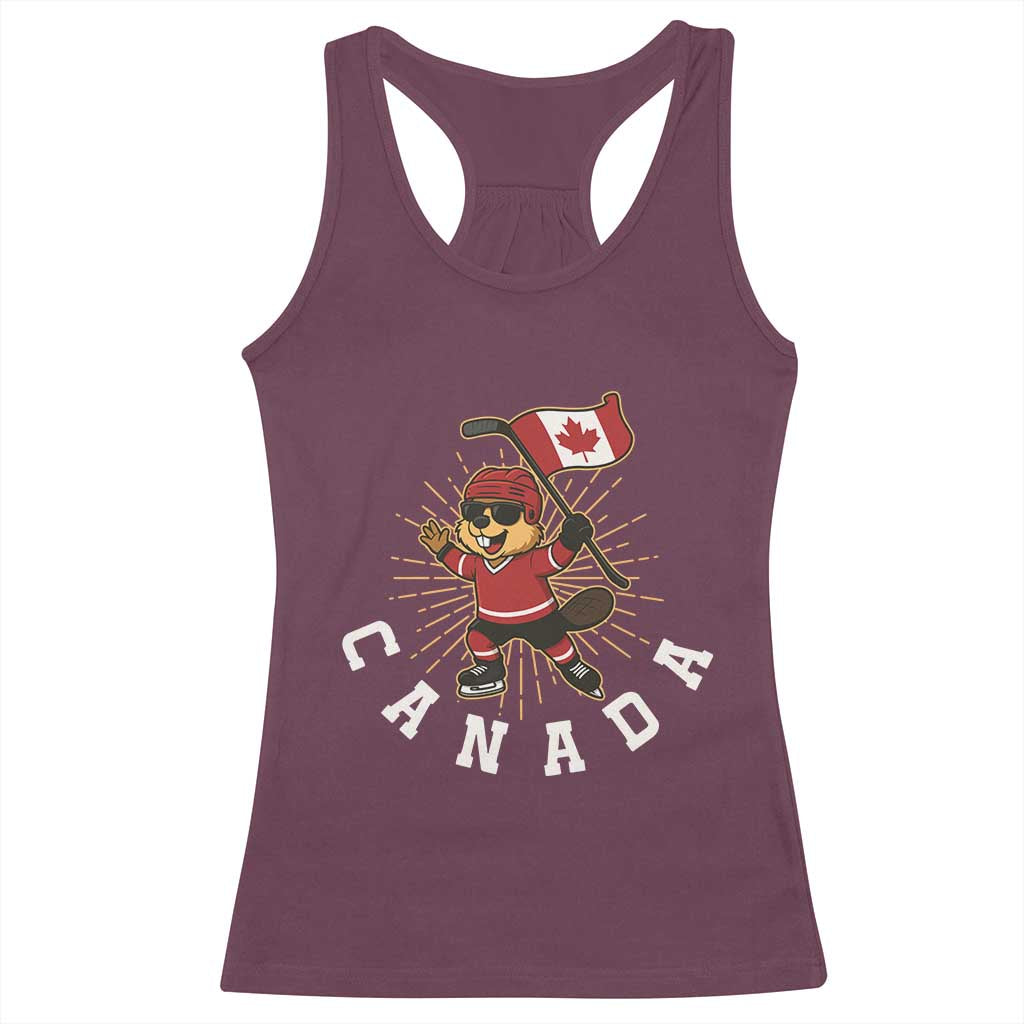 Funny Beaver Playing Ice Hockey With Canada Flag Gift Racerback Tank Top TS12 Maroon Print Your Wear