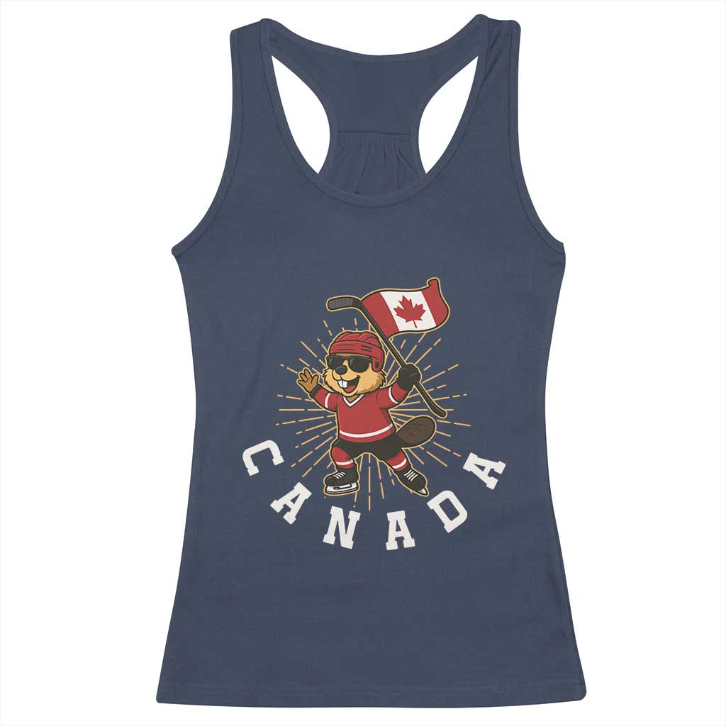 Funny Beaver Playing Ice Hockey With Canada Flag Gift Racerback Tank Top TS12 Navy Print Your Wear