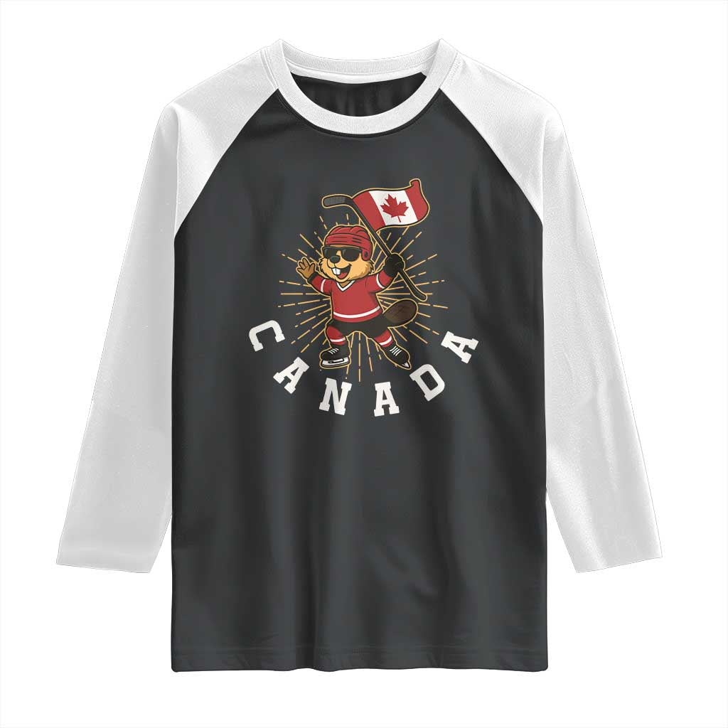 Funny Beaver Playing Ice Hockey With Canada Flag Gift Raglan Shirt TS12 Black White Print Your Wear