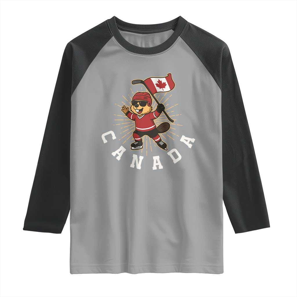 Funny Beaver Playing Ice Hockey With Canada Flag Gift Raglan Shirt TS12 Sport Gray Black Print Your Wear