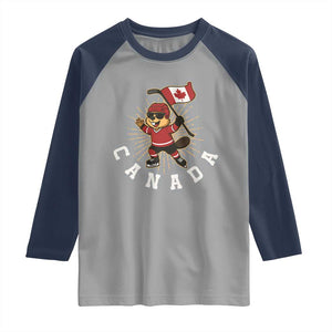Funny Beaver Playing Ice Hockey With Canada Flag Gift Raglan Shirt TS12 Sport Gray Navy Print Your Wear