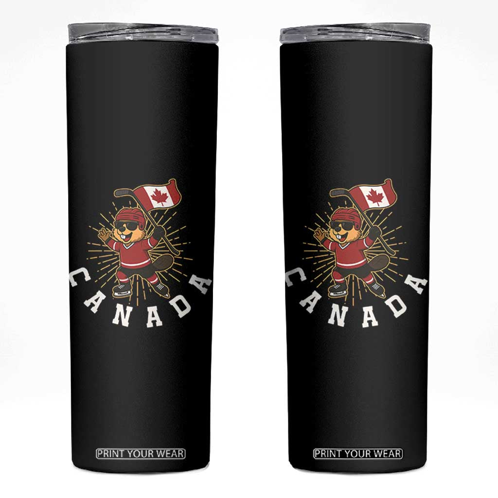 Funny Beaver Playing Ice Hockey With Canada Flag Gift Skinny Tumbler TS12 Black Print Your Wear