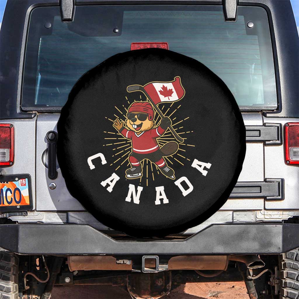 Funny Beaver Playing Ice Hockey With Canada Flag Gift Spare Tire Cover TS12 No hole Black Print Your Wear